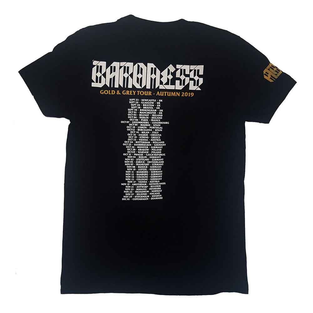Baroness Unisex T-Shirt: Gold & Grey Date back (Black) (Back Print & Ex-Tour)