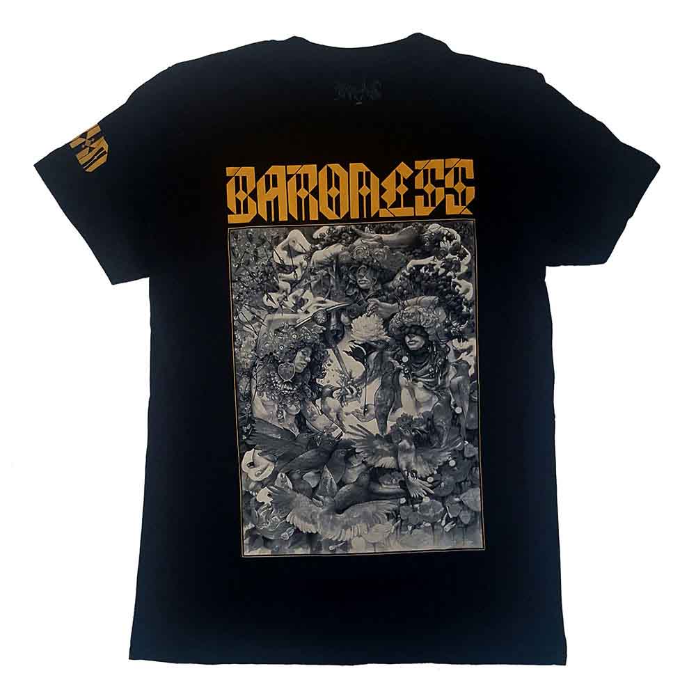 Baroness Unisex T-Shirt: Gold & Grey Date back (Black) (Back Print & Ex-Tour)
