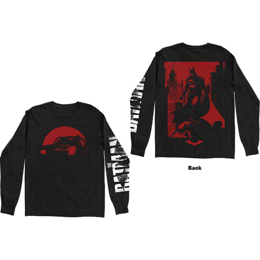 DC Comics Unisex Long Sleeve T-Shirt: The Batman Red Car & Figure (Black) (Back & Sleeve Print)