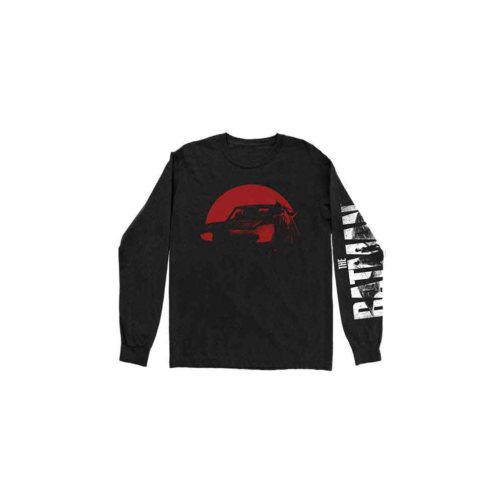 DC Comics Unisex Long Sleeve T-Shirt: The Batman Red Car & Figure (Black) (Back & Sleeve Print)