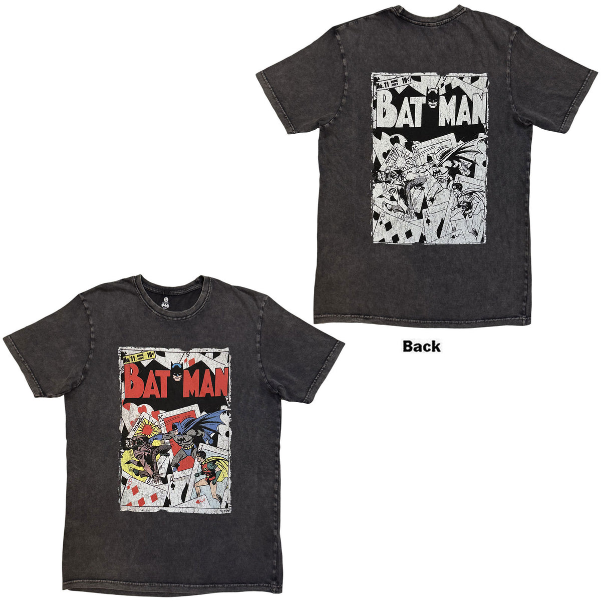 DC Comics Unisex Stone Wash T-Shirt: Batman Playing Cards (Charcoal Grey) (Back Print)