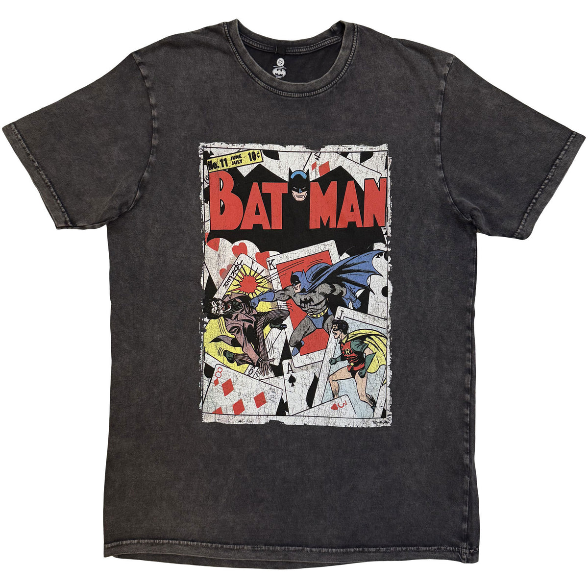 DC Comics Unisex Stone Wash T-Shirt: Batman Playing Cards (Charcoal Grey) (Back Print)