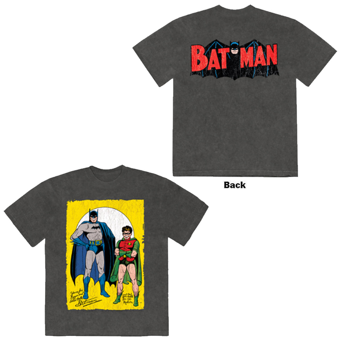 DC Comics Unisex Stone Wash T-Shirt: Batman with Robin Classic Logo (Charcoal Grey) (Back Print)