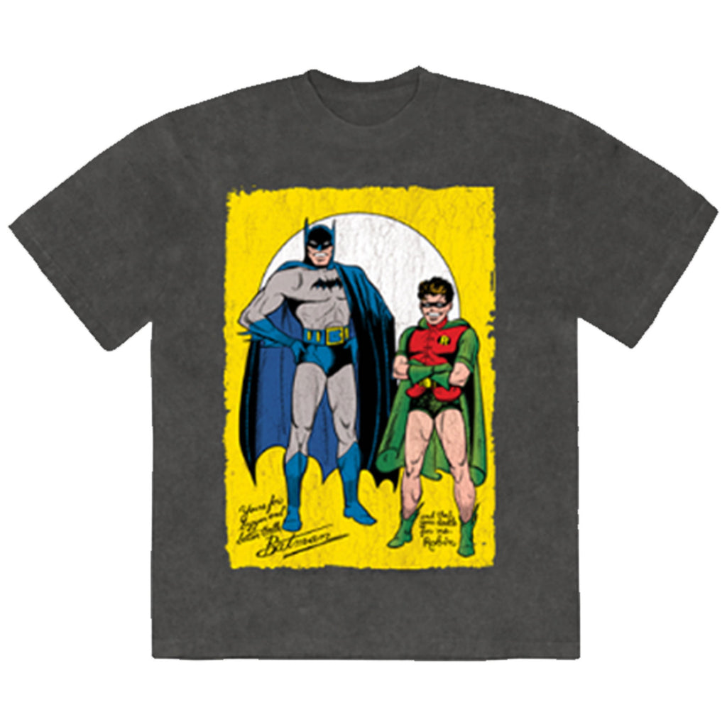 DC Comics Unisex Stone Wash T-Shirt: Batman with Robin Classic Logo (Charcoal Grey) (Back Print)