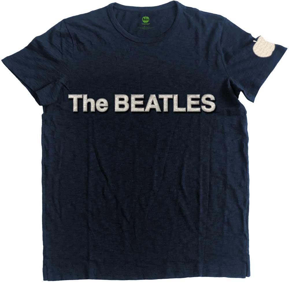 The Beatles Unisex T-Shirt: Logo & Apple App Slub Applique (Navy Blue) (Embellished)