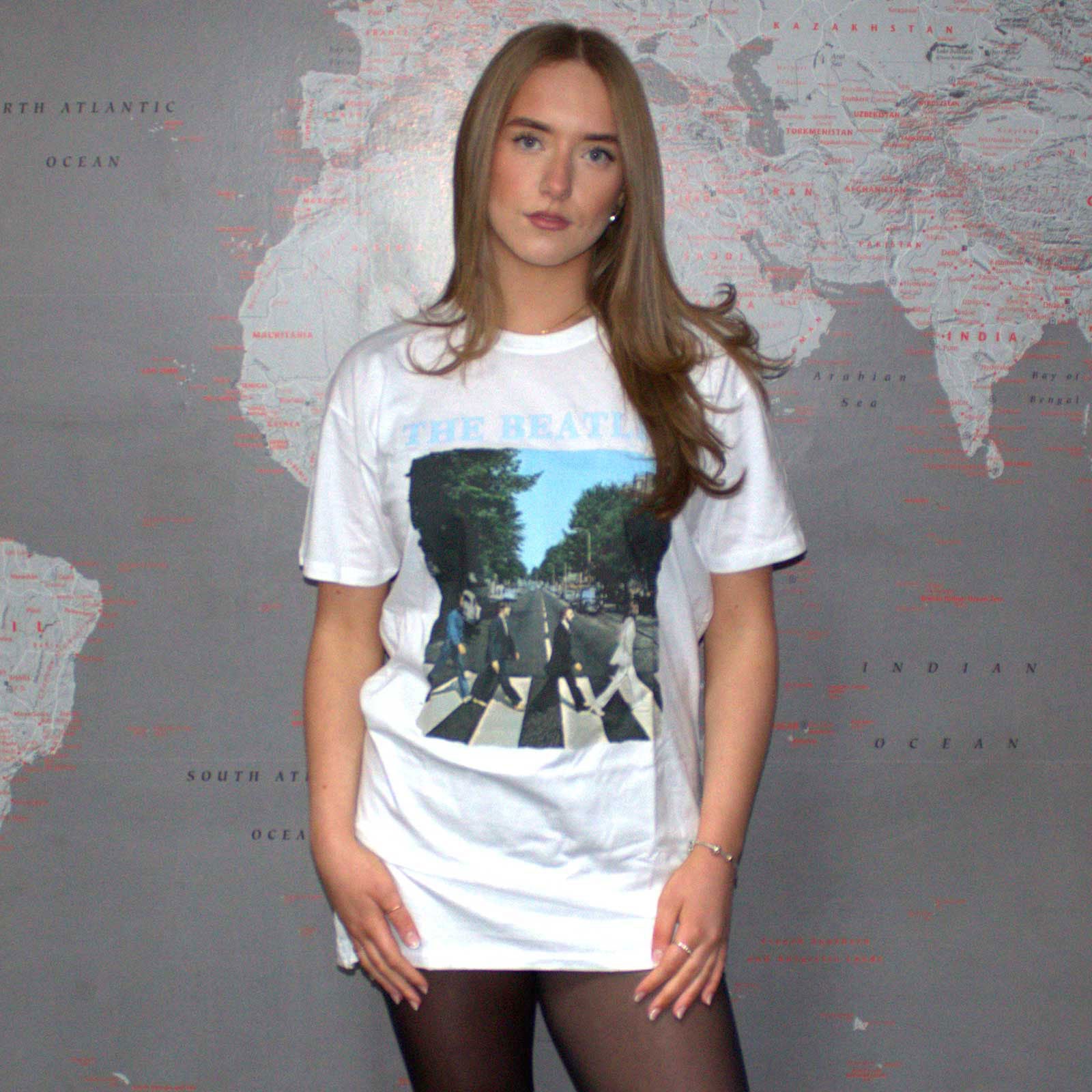 The Beatles Ladies T-Shirt Dress: Abbey Road & Logo (White)