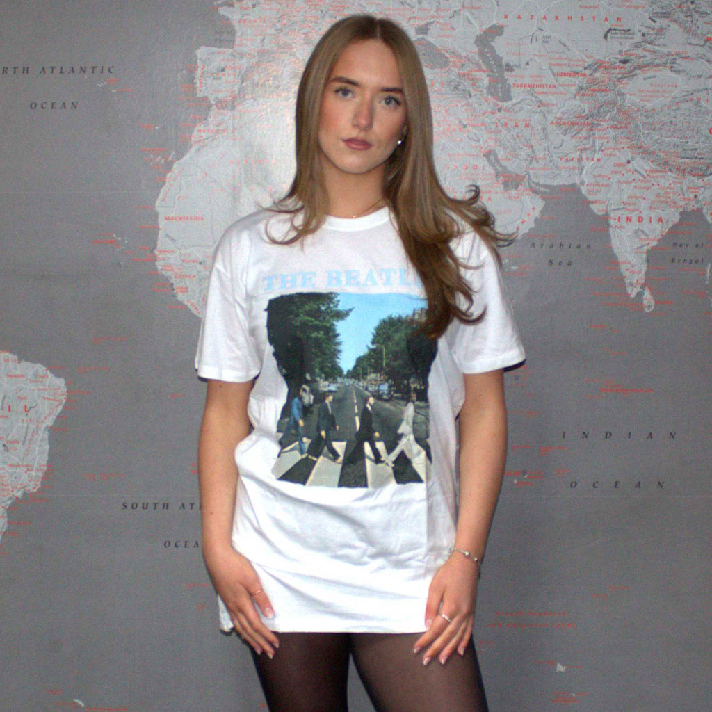 The Beatles Ladies T-Shirt Dress: Abbey Road & Logo (White)