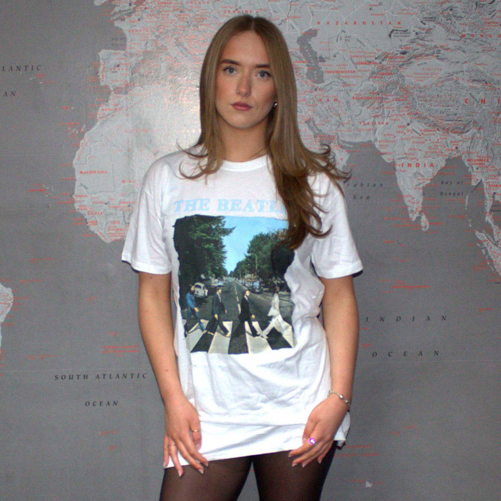 The Beatles Ladies T-Shirt Dress: Abbey Road & Logo (White)