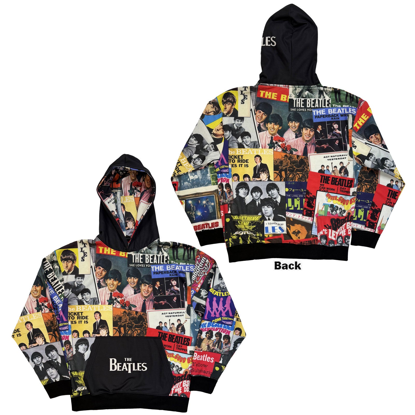 The Beatles Unisex Pullover Hoodie: Single Covers (Black) (All Over Print)