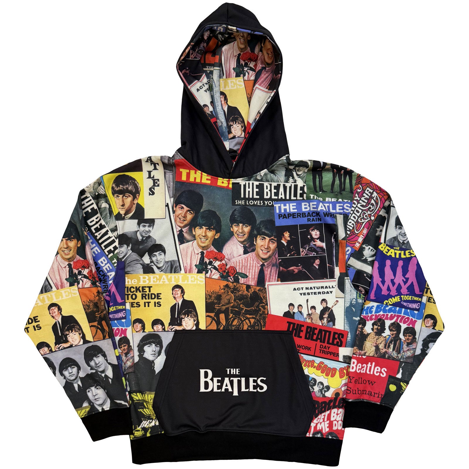 The Beatles Unisex Pullover Hoodie: Single Covers (Black) (All Over Print)