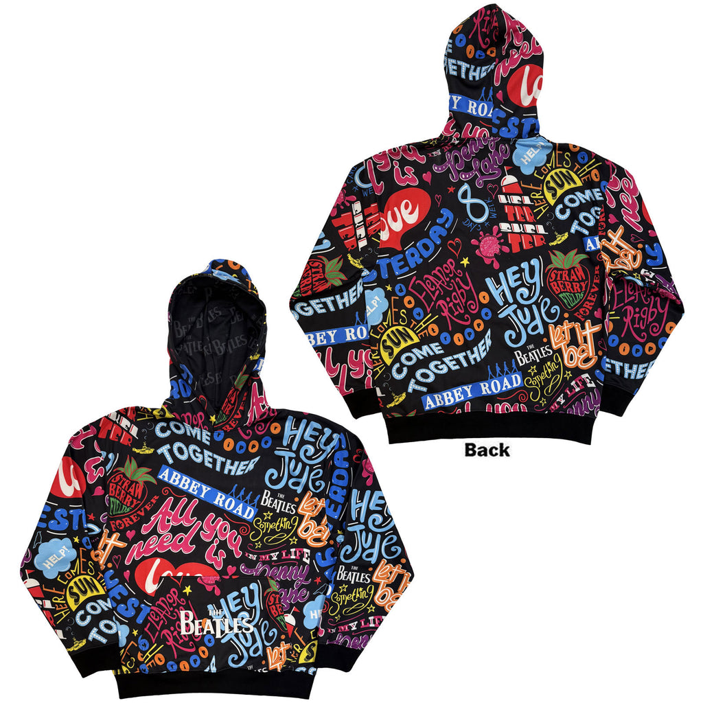 The Beatles Unisex Pullover Hoodie: Song Titles (Black) (All Over Print)