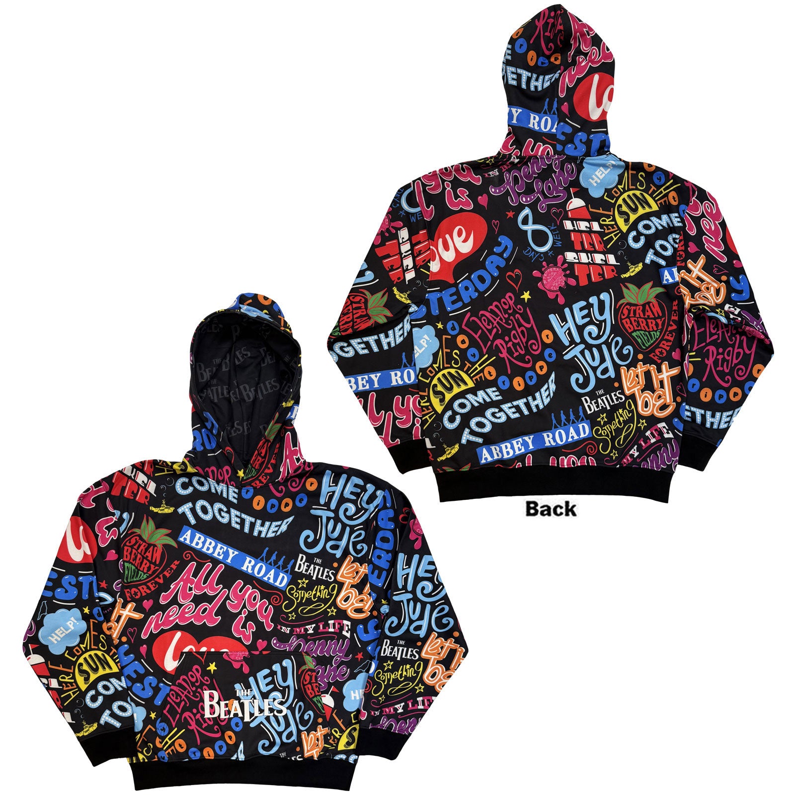 The Beatles Unisex Pullover Hoodie: Song Titles (Black) (All Over Print)