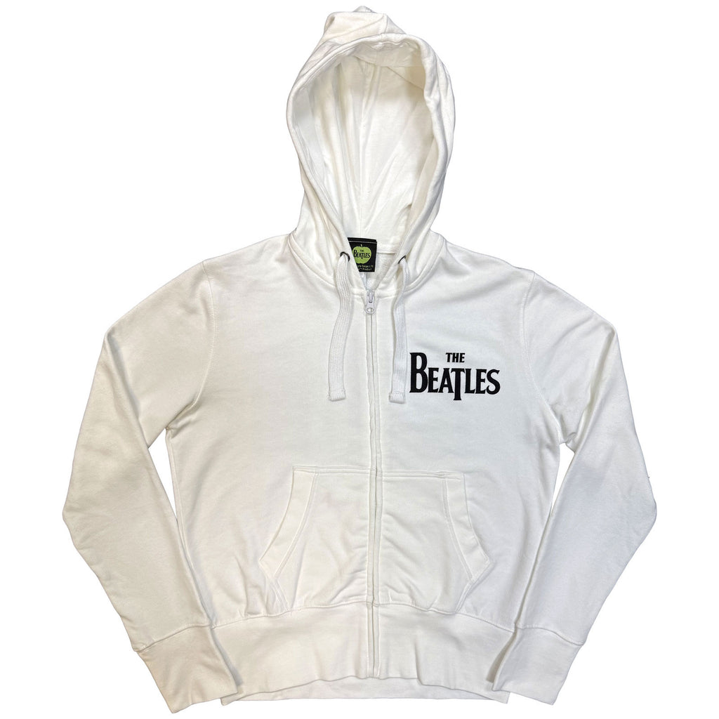 The Beatles Ladies Zipped Hoodie: Drop T Logo (White) (Back Print)