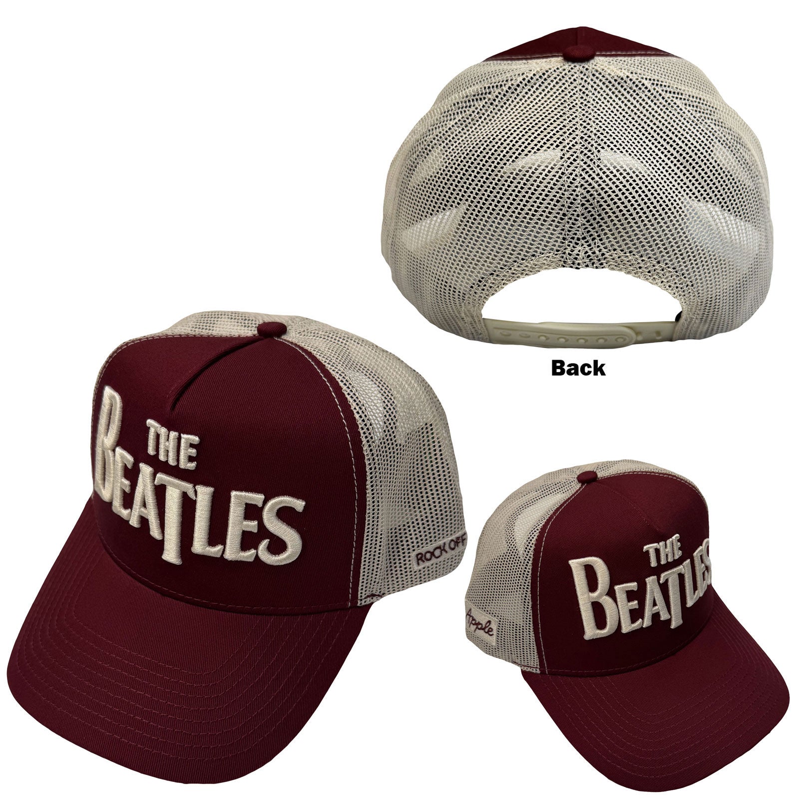 The Beatles Unisex Mesh Back Cap: Drop T Logo & Apple (Maroon Red & Natural)