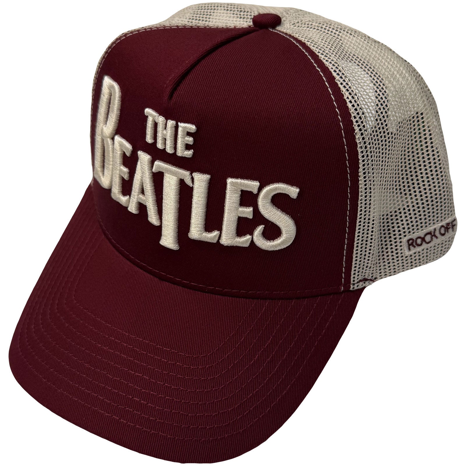 The Beatles Unisex Mesh Back Cap: Drop T Logo & Apple (Maroon Red & Natural)