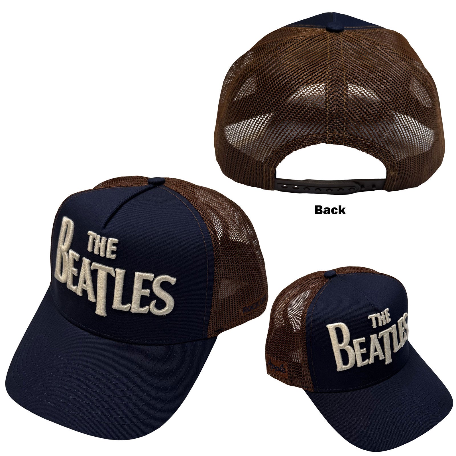 The Beatles Unisex Mesh Back Cap: Drop T Logo & Apple (Navy Blue & Brown)