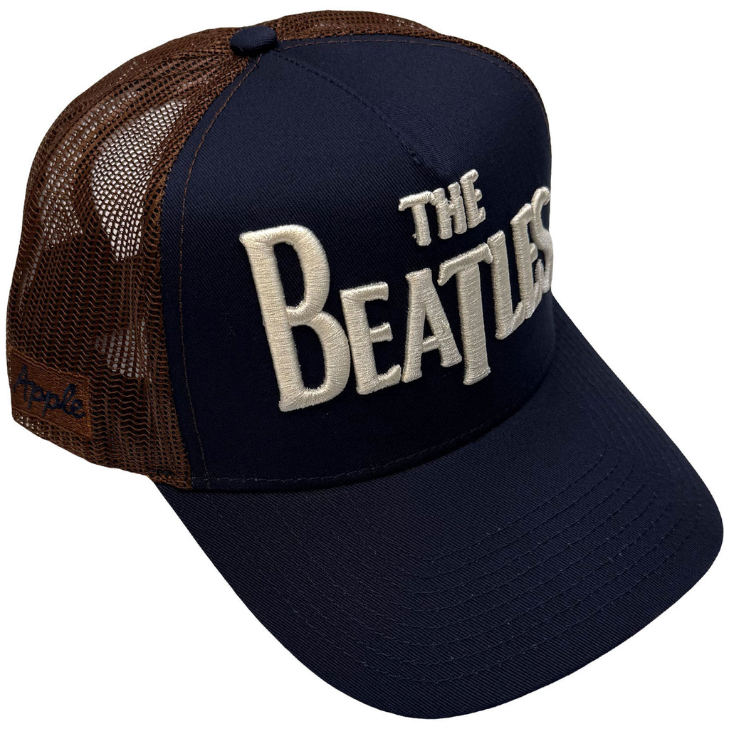 The Beatles Unisex Mesh Back Cap: Drop T Logo & Apple (Navy Blue & Brown)