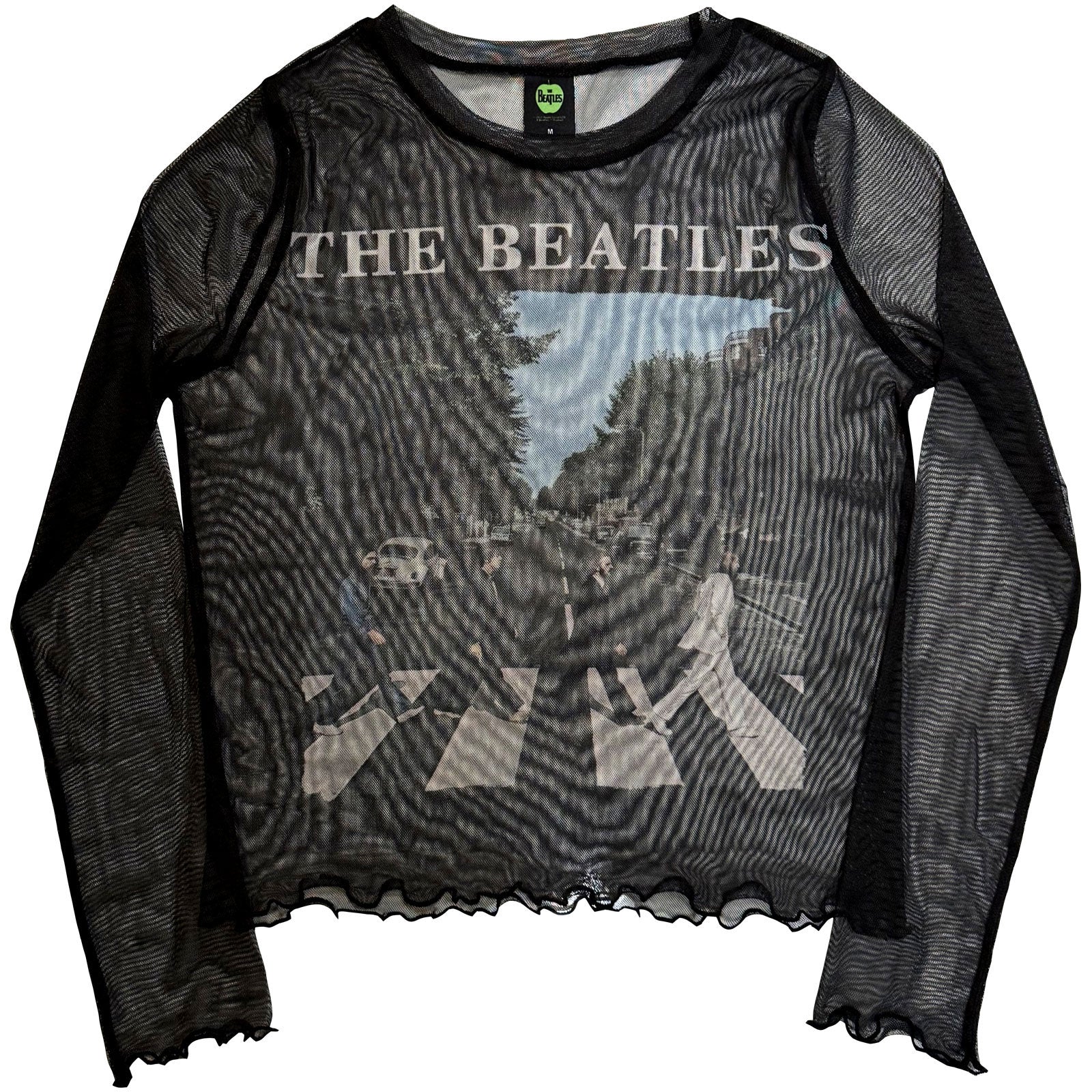 The Beatles Ladies Long Sleeve Mesh Crop Top: Abbey Road & Logo (Black)