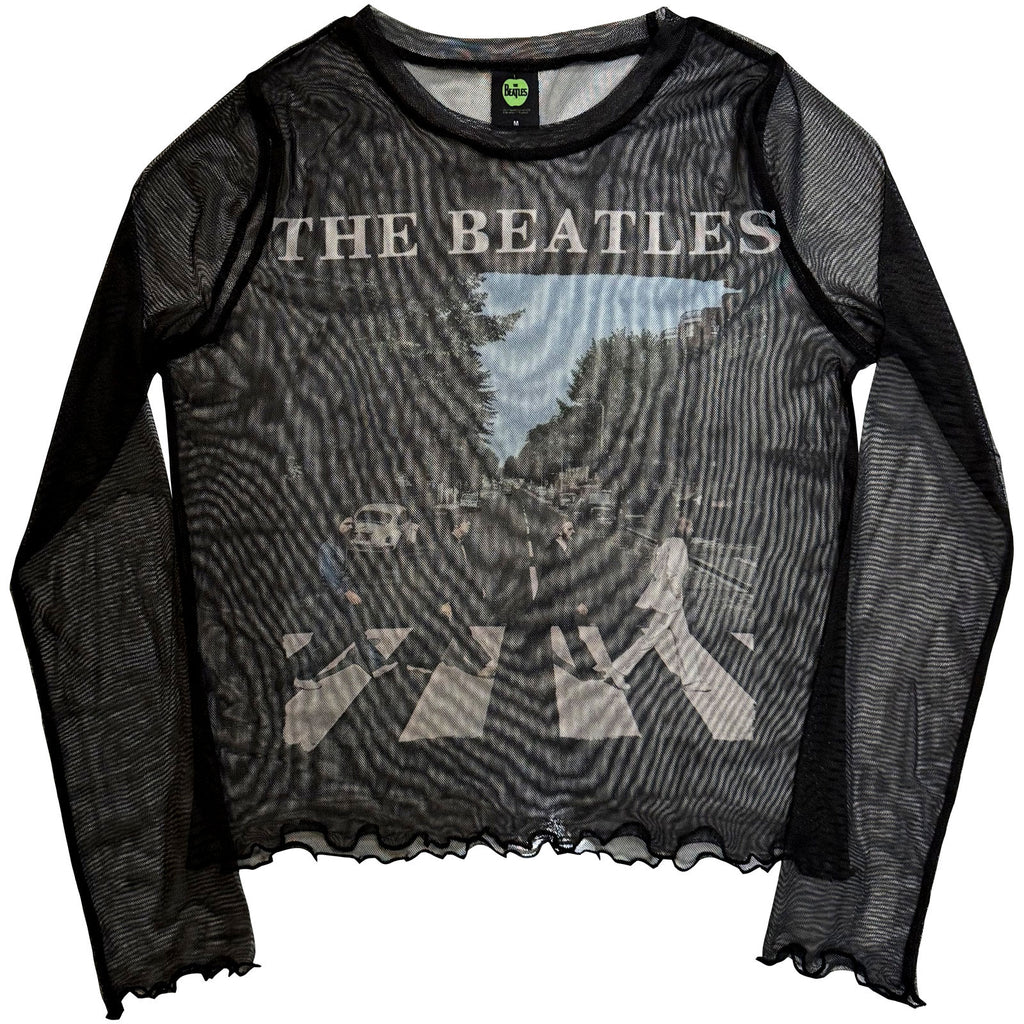 The Beatles Ladies Long Sleeve Mesh Crop Top: Abbey Road & Logo (Black)