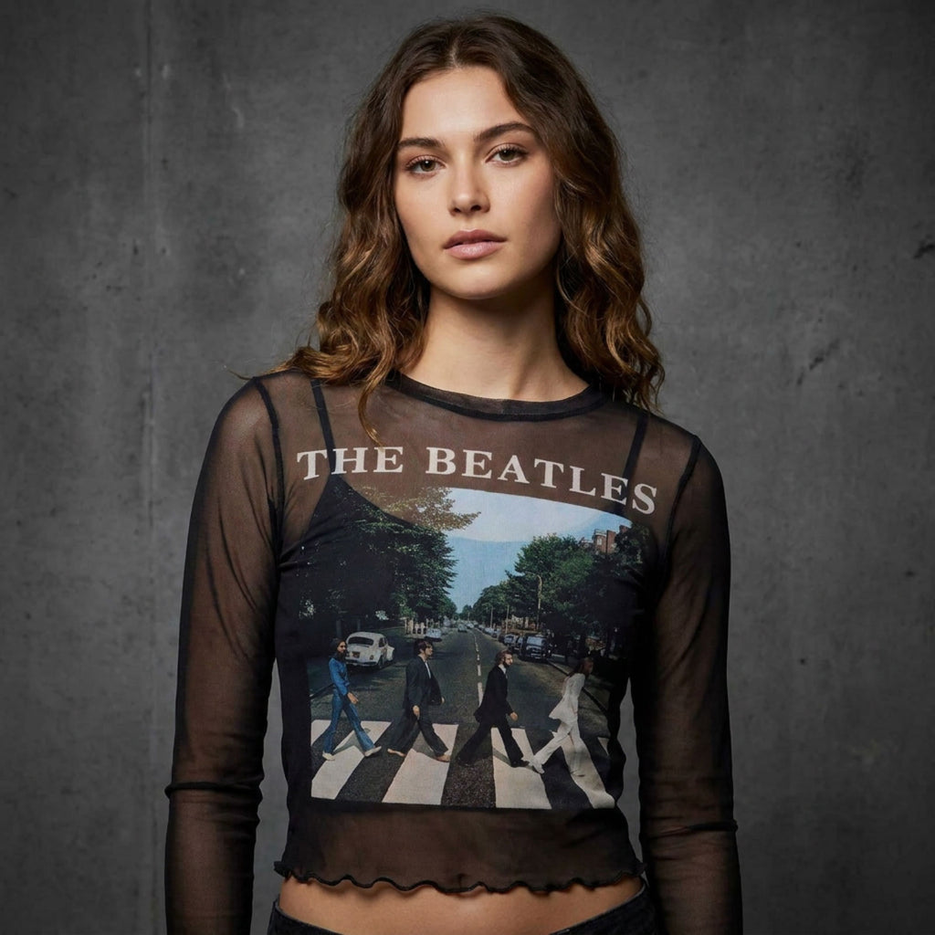The Beatles Ladies Long Sleeve Mesh Crop Top: Abbey Road & Logo (Black)