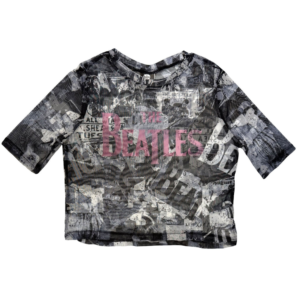 The Beatles Ladies Mesh Crop Top: All-Over-Print & Drop T Logo (White)