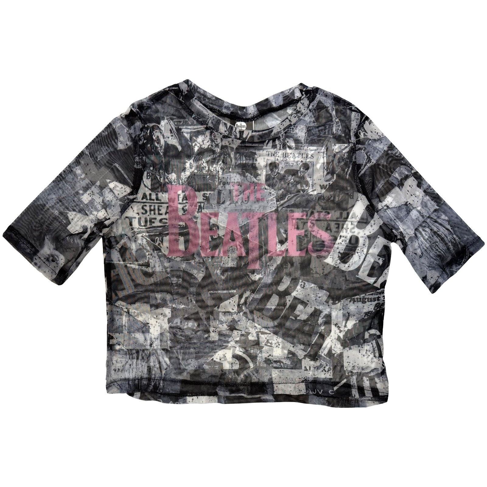 The Beatles Ladies Mesh Crop Top: All-Over-Print & Drop T Logo (White)