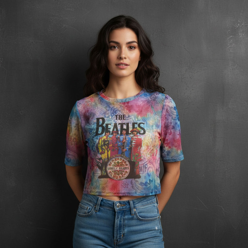 The Beatles Ladies Mesh Crop Top: Sgt Pepper (White)