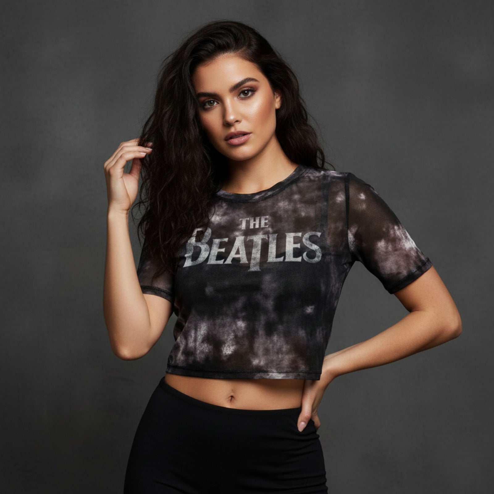 The Beatles Ladies Mesh Crop Top: Drop T Logo (Black)