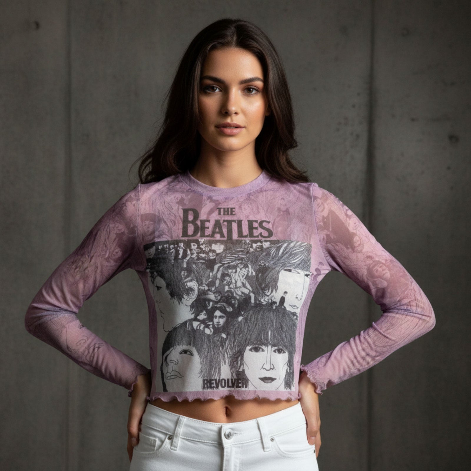 The Beatles Ladies Long Sleeve Mesh Crop Top: Revolver (Pink)