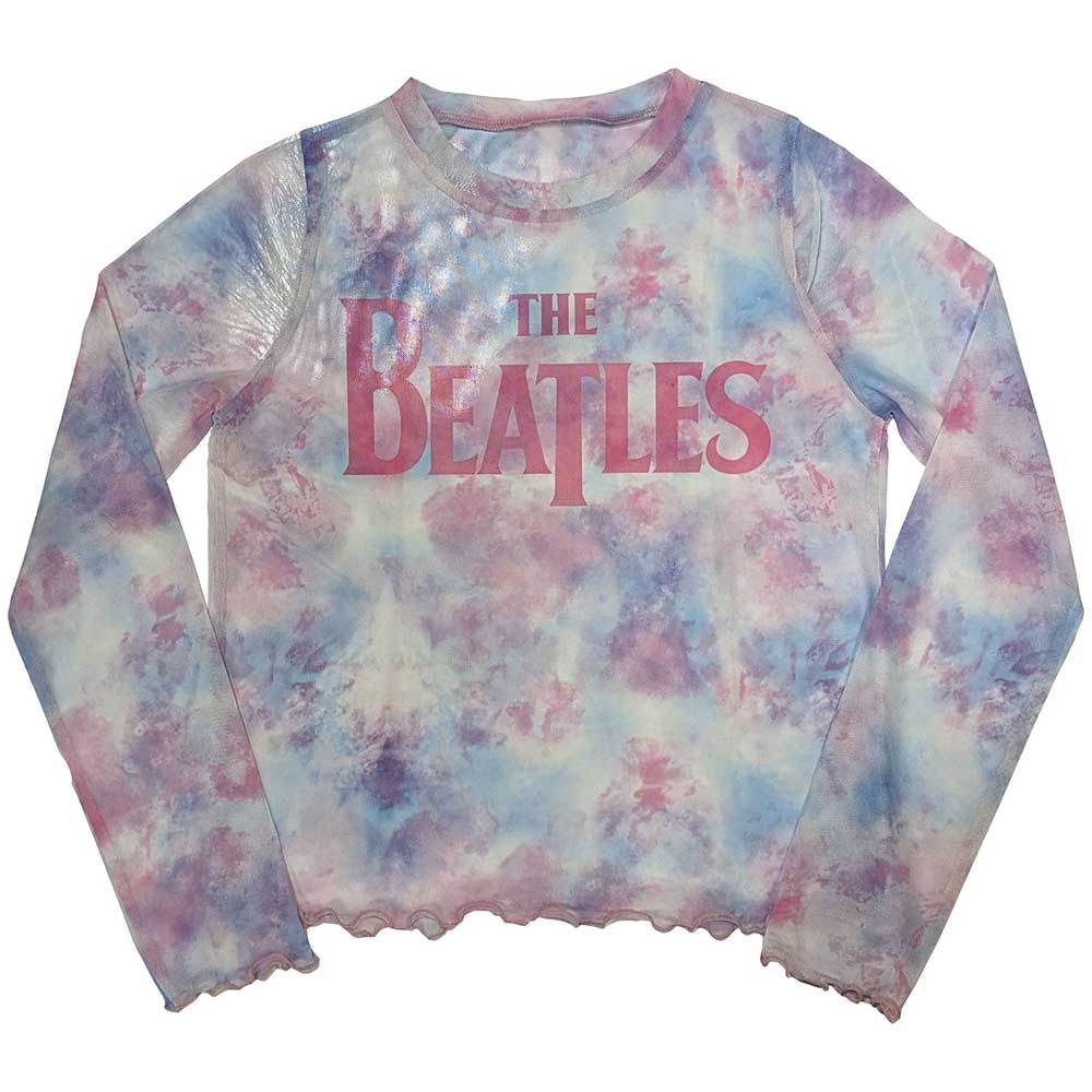 The Beatles Ladies Long Sleeve Mesh Crop Top: Drop T Logo (White)