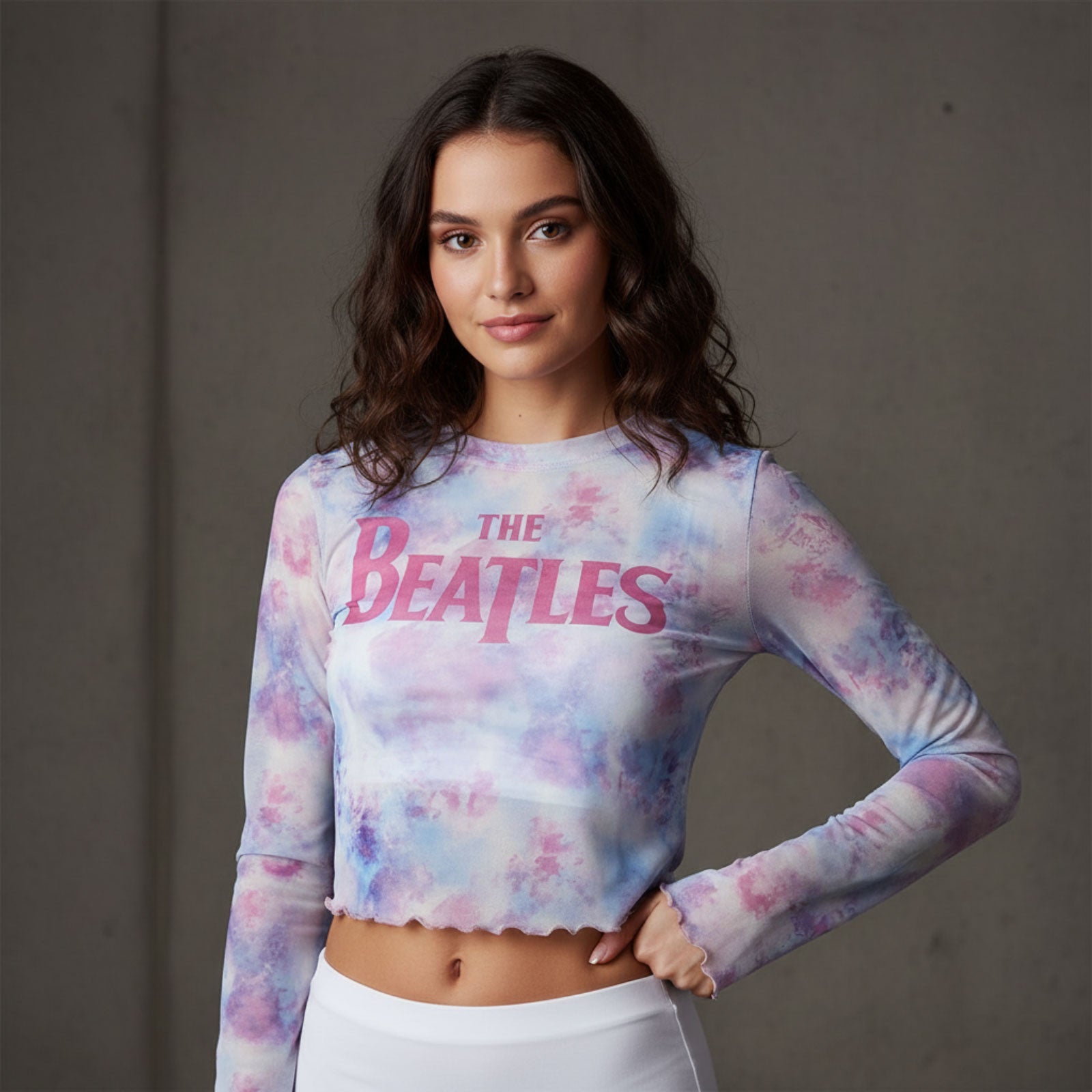 The Beatles Ladies Long Sleeve Mesh Crop Top: Drop T Logo (White)