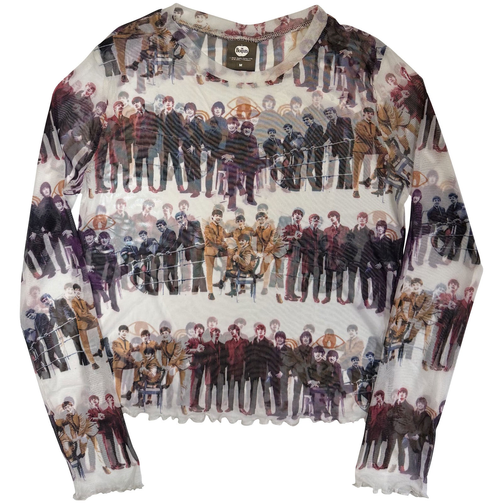 The Beatles Ladies Long Sleeve Mesh Crop Top: Anthology Colours Repeat (White) (All Round)