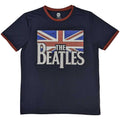 The Beatles Unisex Ringer T-Shirt: Drop T Logo & Vintage Flag (Navy Blue)