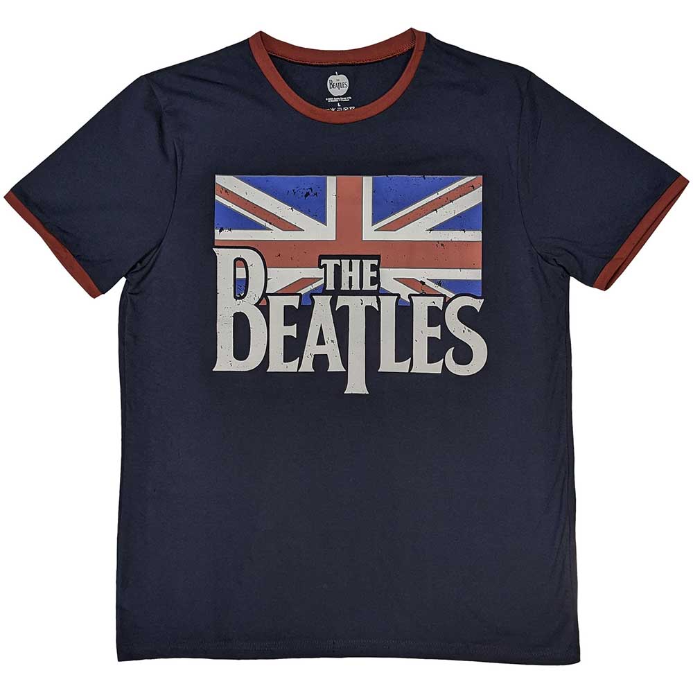The Beatles Unisex Ringer T-Shirt: Drop T Logo & Vintage Flag (Navy Blue)