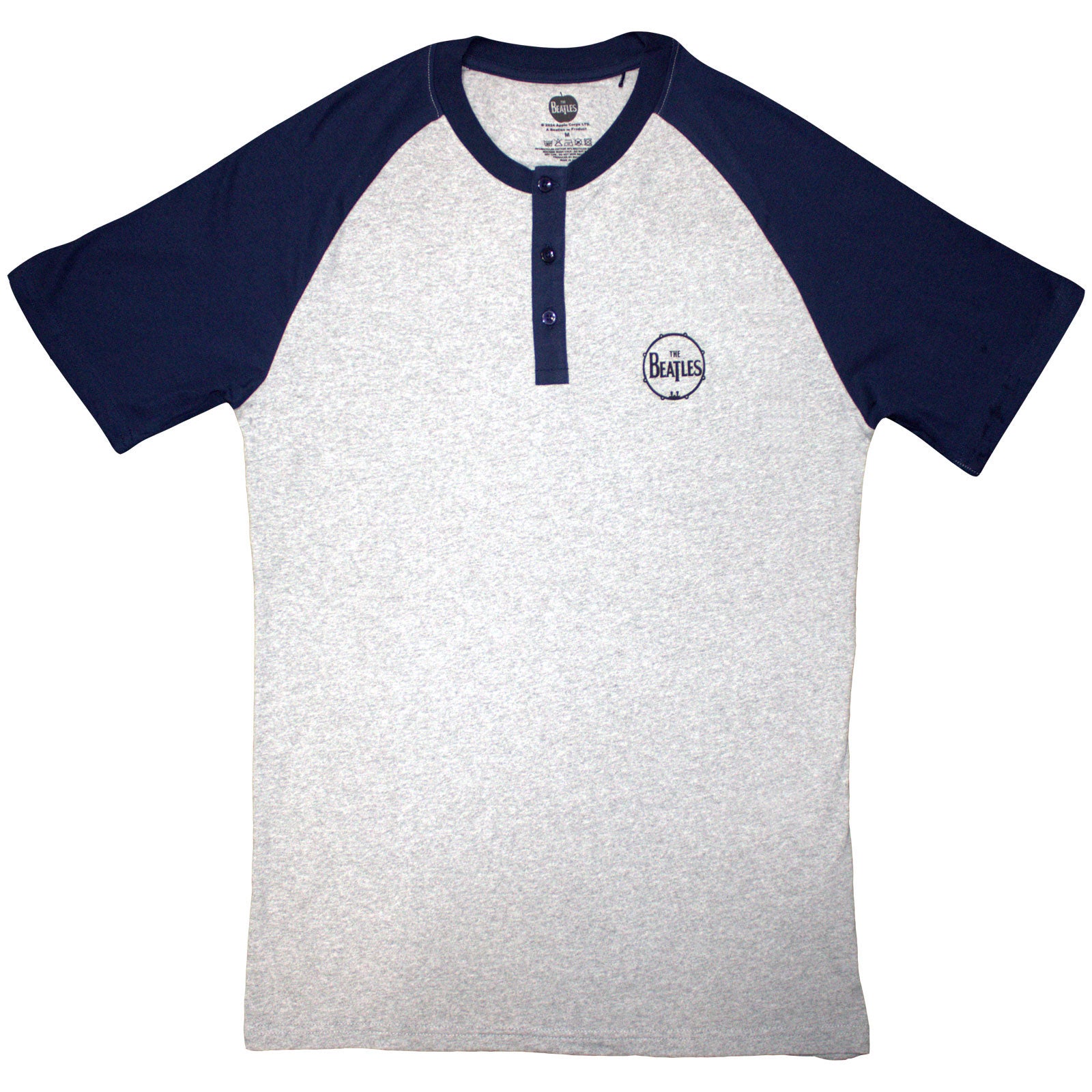 The Beatles Unisex Raglan T-Shirt: Mini Drum Logo (Grey & Navy Blue) (3 Button Collar)