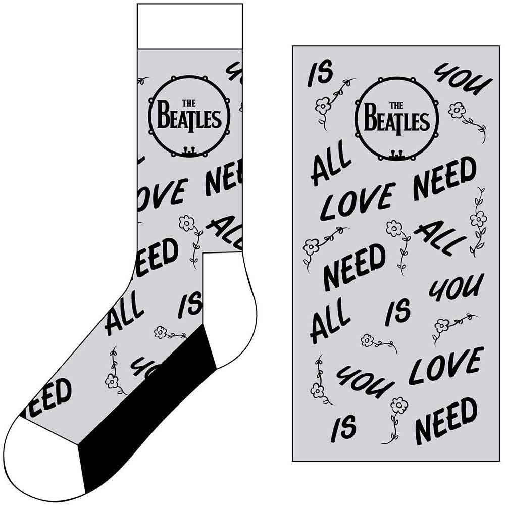 The Beatles Unisex Ankle Socks: All You Need Is Love & Drum (Grey) (UK Size 7 - 11)