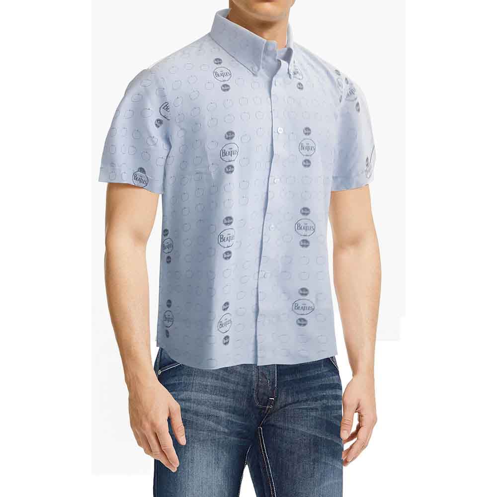 The Beatles Unisex Casual Shirt: Drum & Apples (Oxford Blue) (All Over Print)