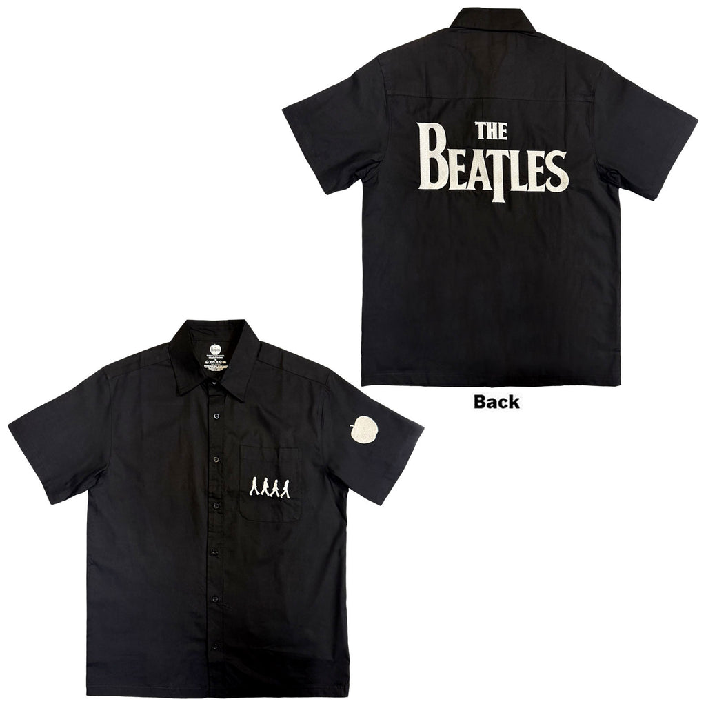 The Beatles Unisex Casual Shirt: Apple Logo / Walking (Black) (Back & Sleeve Print)