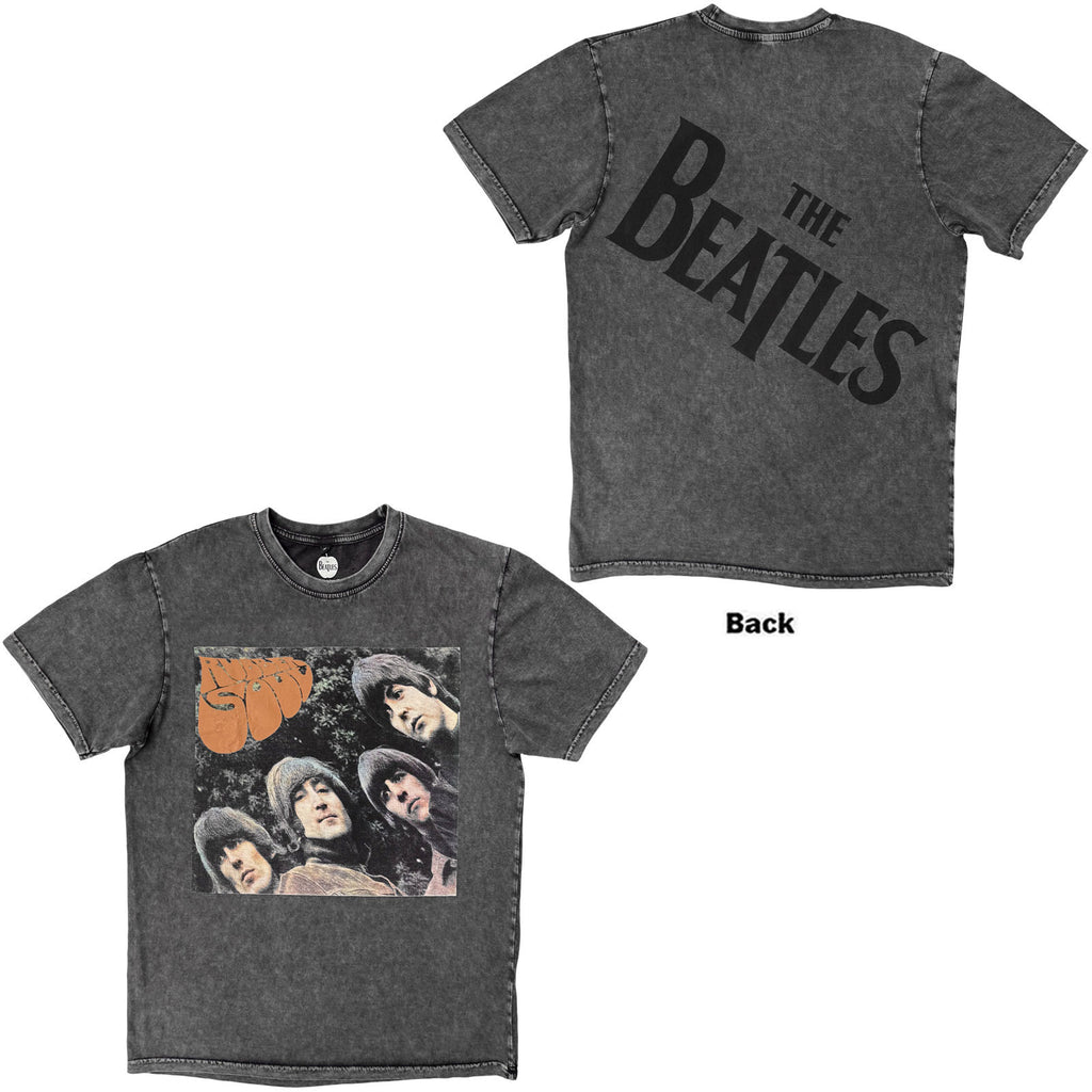 The Beatles Unisex Stone Wash T-Shirt: Rubber Soul (Charcoal Grey) (Back Print)