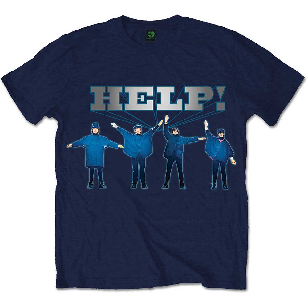 The Beatles Unisex T-Shirt: HELP! Silver Logo (Dusk Blue)