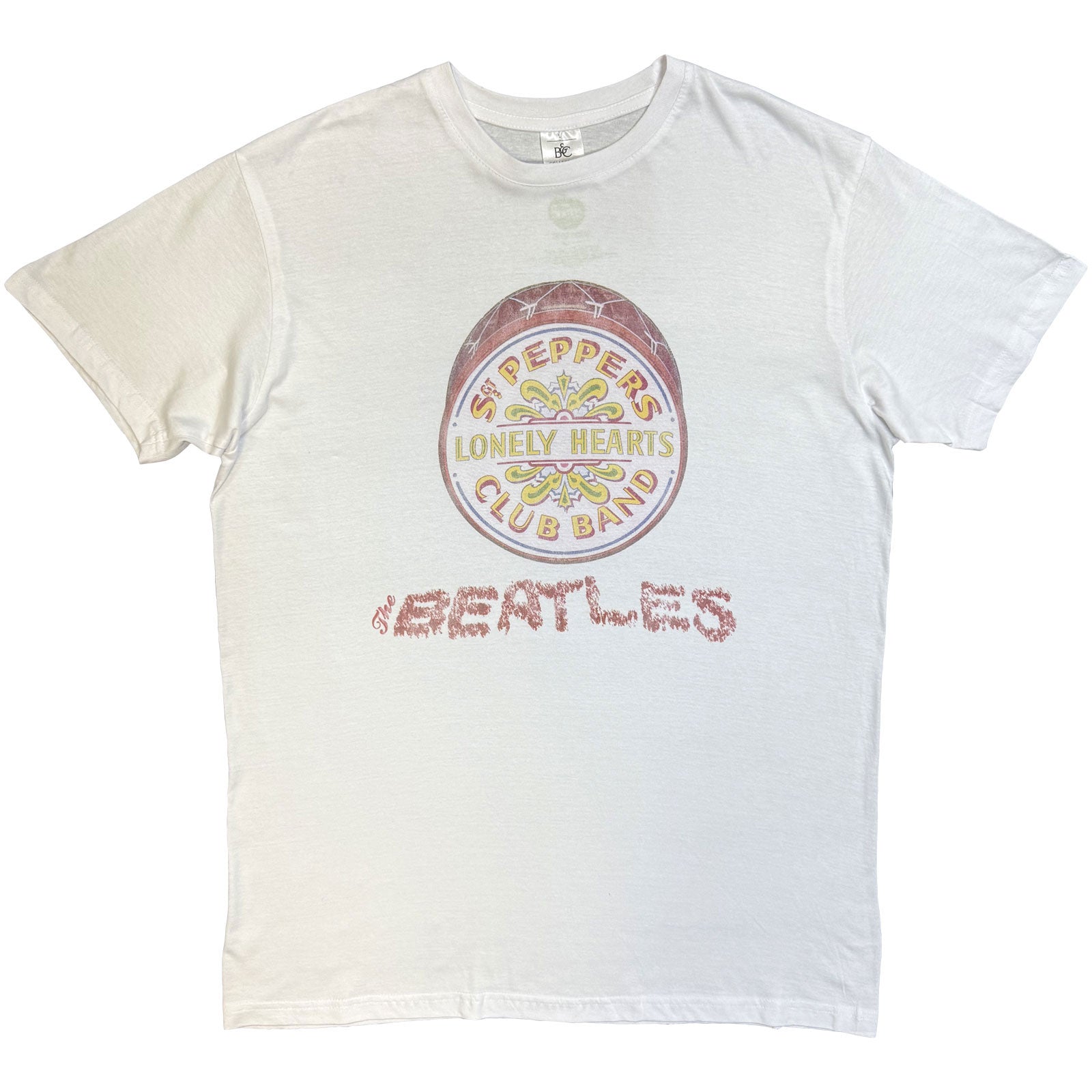 The Beatles Unisex T-Shirt: Flowers Logo & Drum (White)
