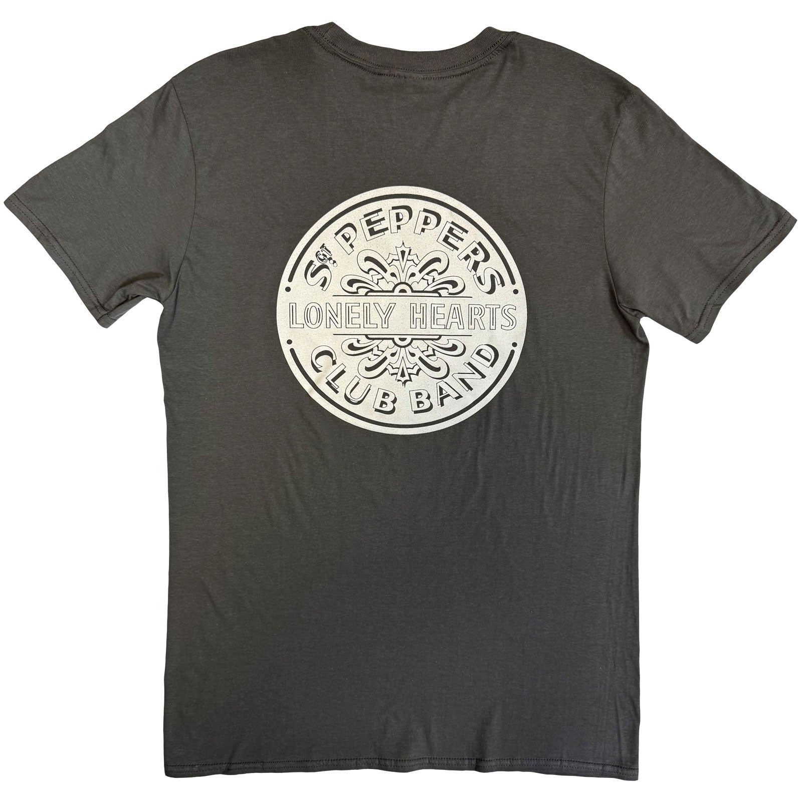 The Beatles Unisex T-Shirt: Sgt Peppers Lonely Hearts Club Band with Drum (Charcoal Grey) (Back Print)