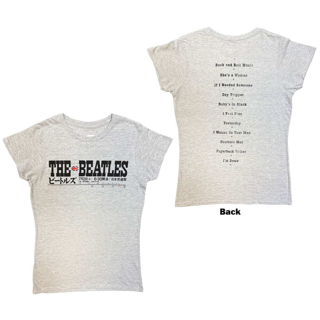 The Beatles Ladies T-Shirt: Budokan Set List (Grey) (Back Print)