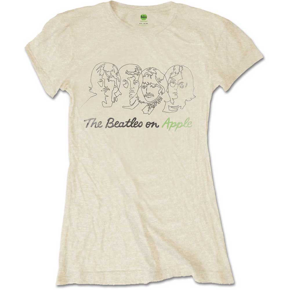 The Beatles Ladies T-Shirt: Outline Faces on Apple (Sand)