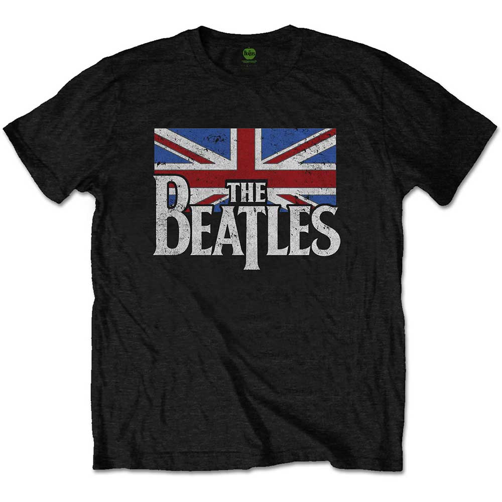 The Beatles Kids T-Shirt: Drop T Logo & Vintage Flag (Black)