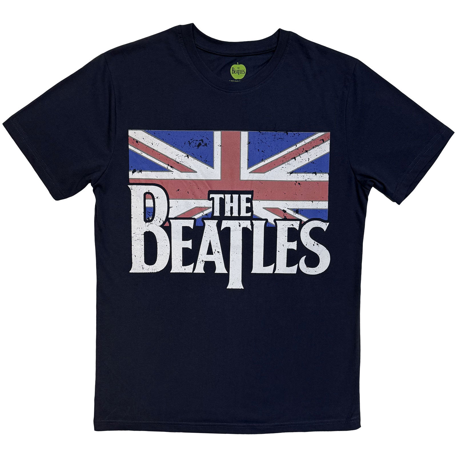 The Beatles Unisex T-Shirt: Drop T Logo & Vintage Flag (Navy Blue)