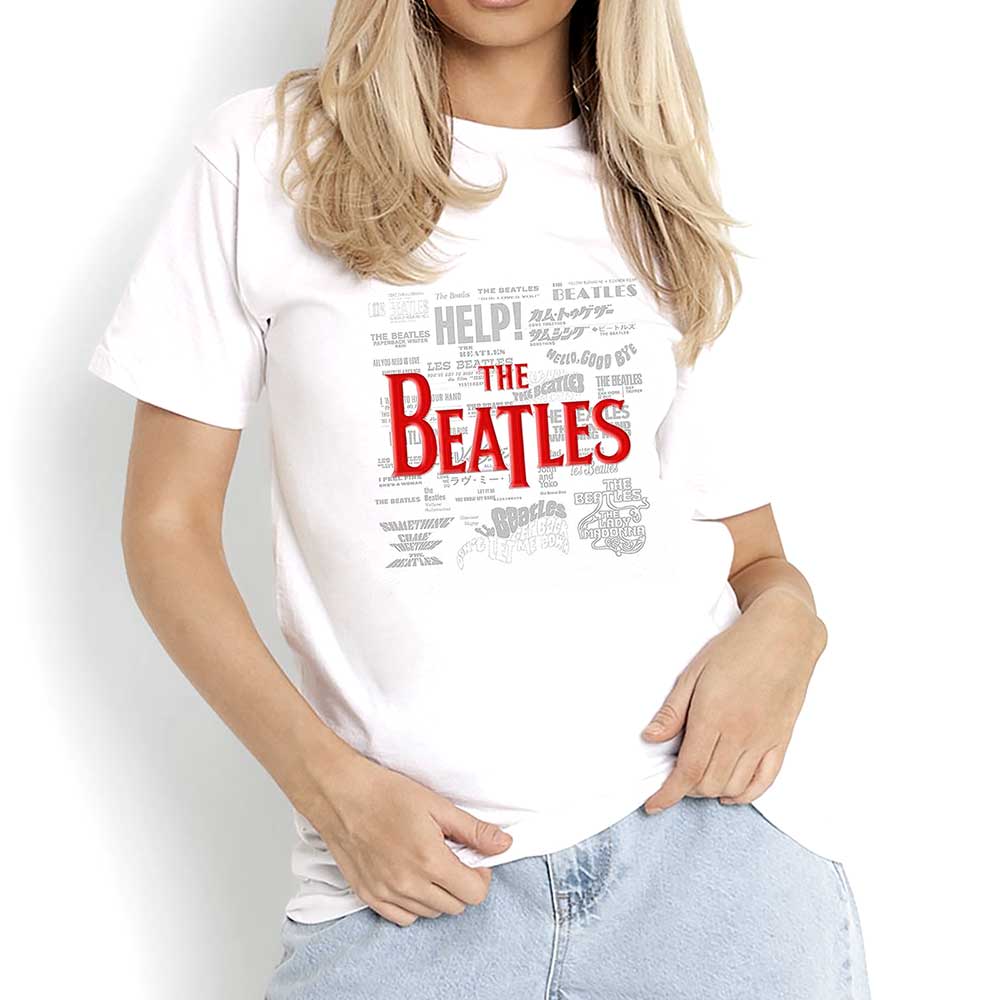 The Beatles Unisex T-Shirt: Titles & Logos (White) (Embellished)