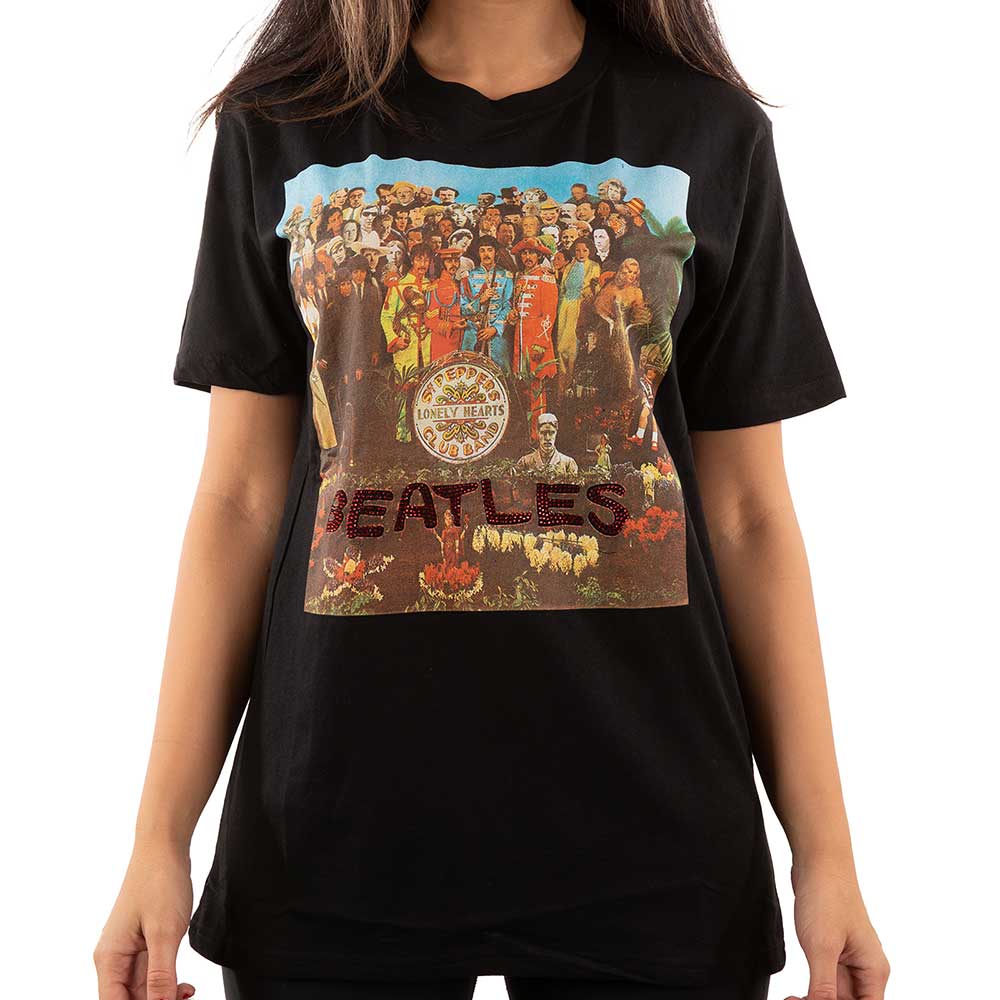 The Beatles Unisex T-Shirt: Sgt Pepper Crystals (Black) (Embellished)