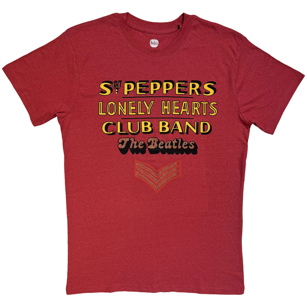 The Beatles Unisex T-Shirt: Sgt Pepper Stacked Crystals (Red) (Embellished)