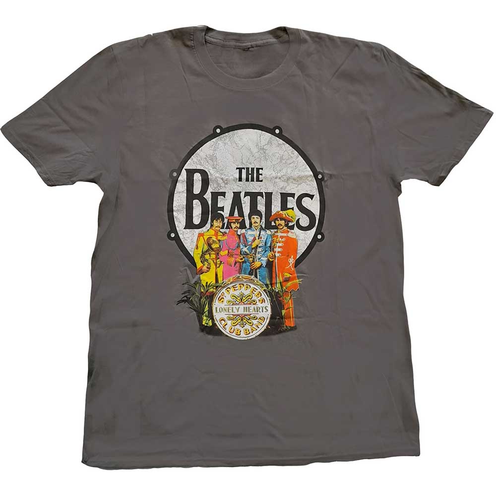 The Beatles Unisex T-Shirt: Sgt Pepper & Drum (Charcoal Grey)